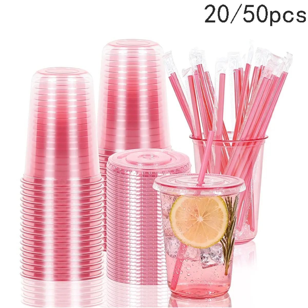 20/50 Pcs Disposable Clear Plastic Party Cups with Lids and Straws, 12/16 Oz Disposable Transparent Ice Coffee Cups, Round Bottom, for Coffee, Juice, Cold Drinks