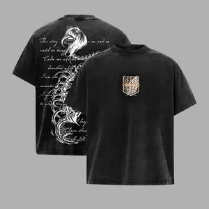 Men's Eren Yeager Attack on Titan Anime Style Short-Sleeve Round Neck T-Shirt, Retro Vintage Washed Oversized Casual Top, Heavyweight Cotton Fabric Digital Print Streetwear Gift for Anime Fans