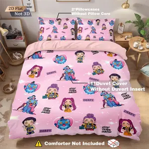 3-piece set (1 quilt cover + 2 pillowcases, coreless) with cute pink Kpop D-demon Hunters, Derpy, and star element prints. Soft and comfortable bedding set, suitable for room decoration, suitable for all seasons, and suitable as a fan gift