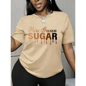 Women's short-sleeve top with creative design featuring the printed letters "Pure Brown SUGAR," round neck, machine washable, comfortable, soft, breathable, suitable for spring, summer, and autumn # SummerWins # DealsForYouDays
