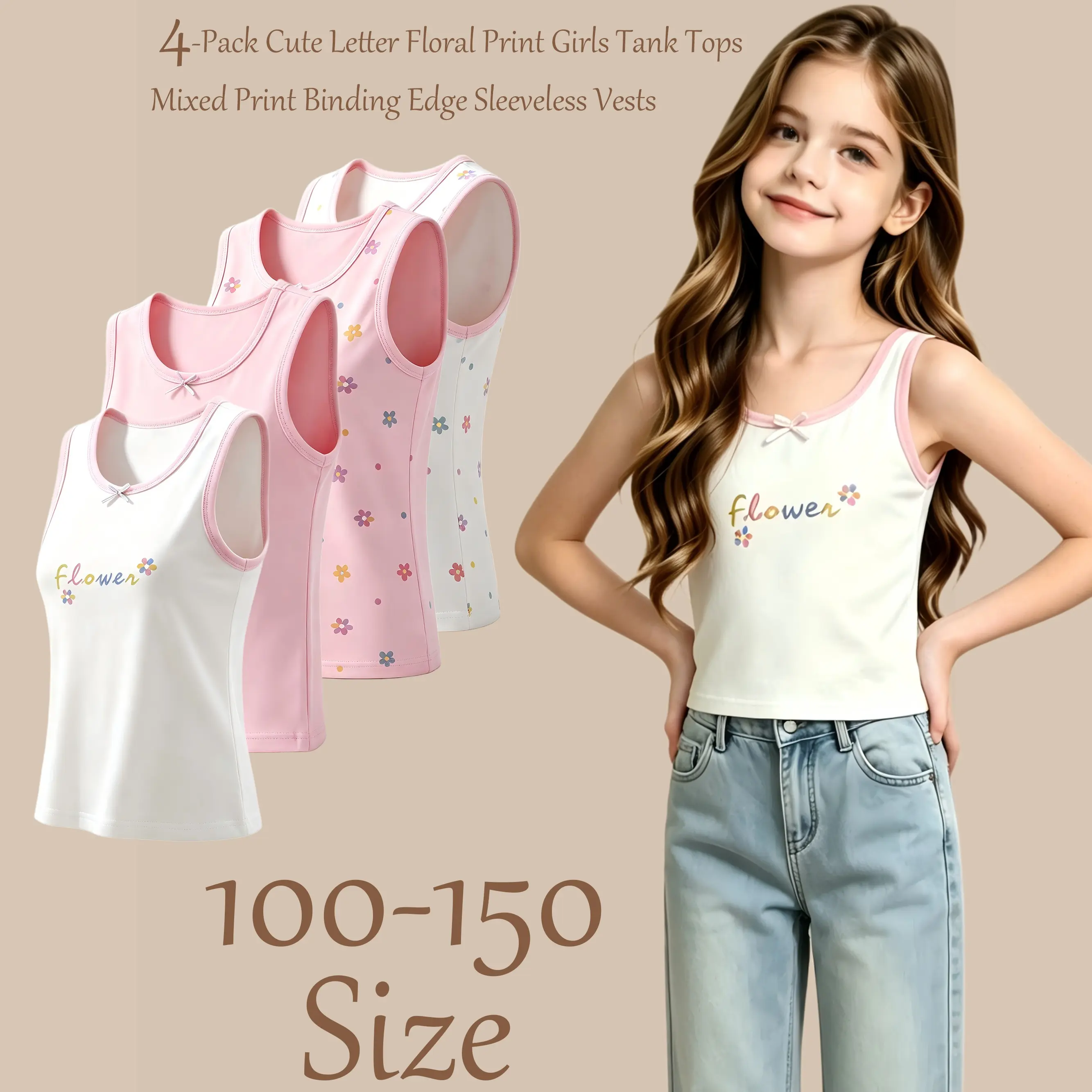 Girls' 4-Pack Cotton Tank Tops, Lightweight & Breathable Kids' Undershirts with Floral Print, Versatile Set for School, No Scratchy Tags, Machine Washable, Elastic Shoulder Straps