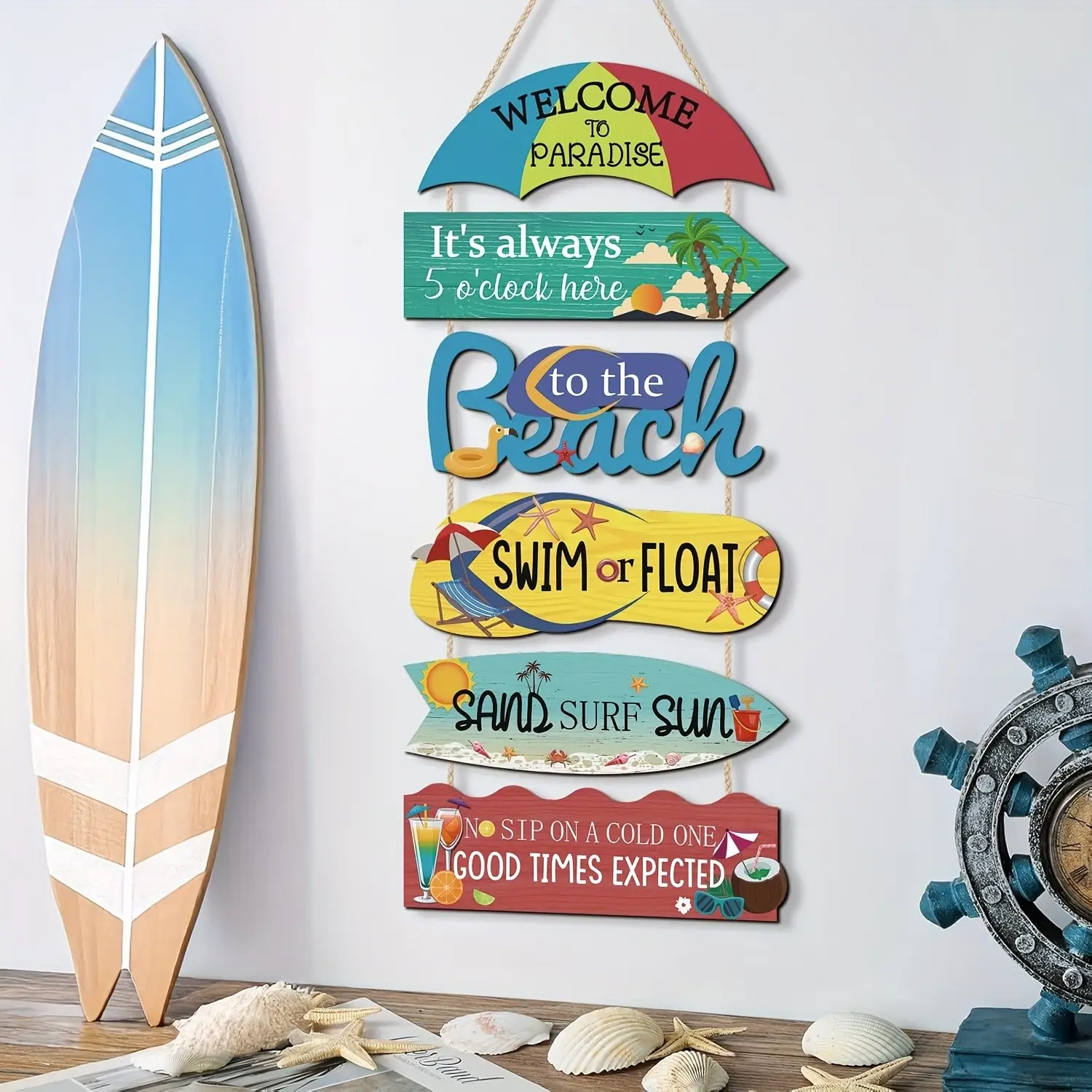 6 Pieces Tropical Beach, Ocean Inspired Design, Wooden Hanging Wall Sign, Welcome To Paradise Sand Surf Sun Multi Panel Wooden Door Hanger, Coastal Summer Ocean Wood Wall Decor for Pool Patio Beach House Tiki Bar Front Porch