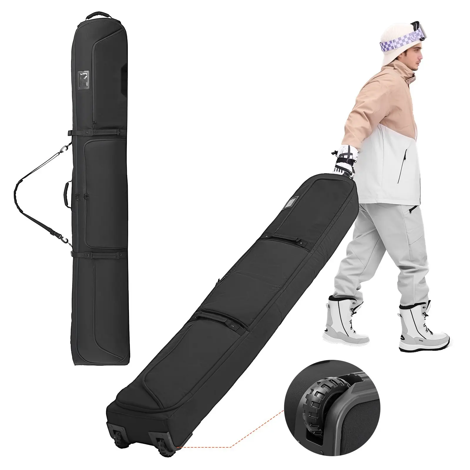 Padded Ski & Snowboard Bag with Wheels, Waterproof 600D Oxford Fabric Roller Gear Case for Air Travel, Holds Equipment up to 190 cm - Black