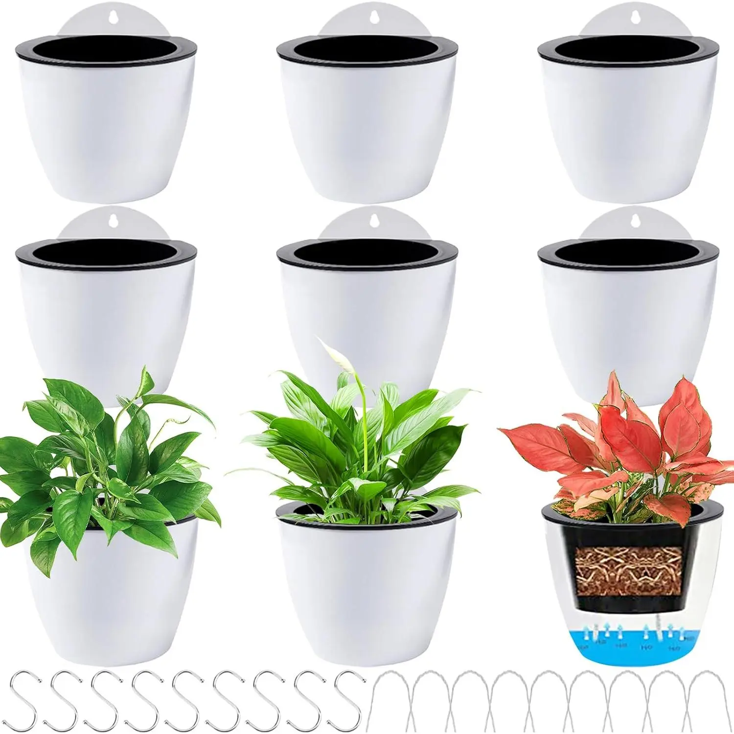 9 Pack Self Watering Wall  Planters Pots for Indoor , 5 Inch White Plastic Lazy Flower Pot with 9 Hooks for Garden Fence, Porch, Wall