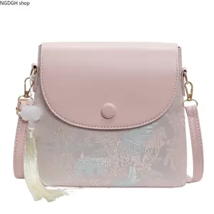 Vintage Embroidery Crossbody Bag Pink Tassel Pendant - Traditional Floral Landscape Pattern Mini Shoulder Bag with Adjustable Strap, Feminine & Stylish Fashion Accessory for Coastal Summer Getaways & Daily Errands