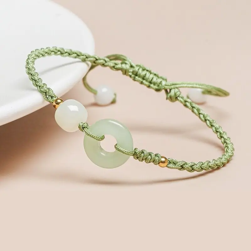 Hetian jade bracelet in green tones, enhances complexion, peace buckle, hand-woven green bracelet, simple gift for girls, niche