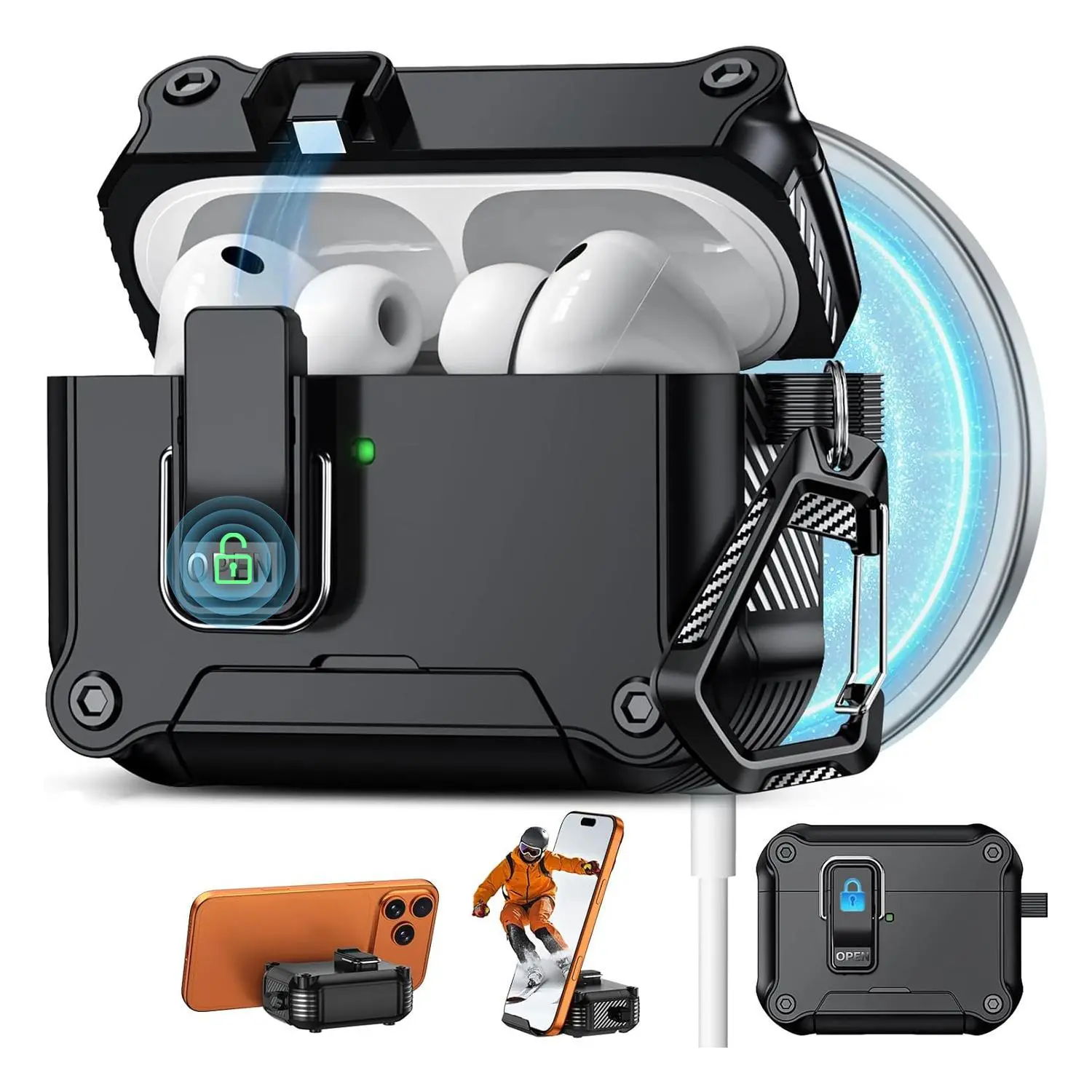 Durable MagSafe Chargeable Headphone Case for AirPods 4, AirPods Pro 1/2/3, TPU+PC Shockproof Anti-Drop Protection, Automatic Magnetic Lock, 360° Rotating Phone Stand, Carabiner Clip, Wired Compatible