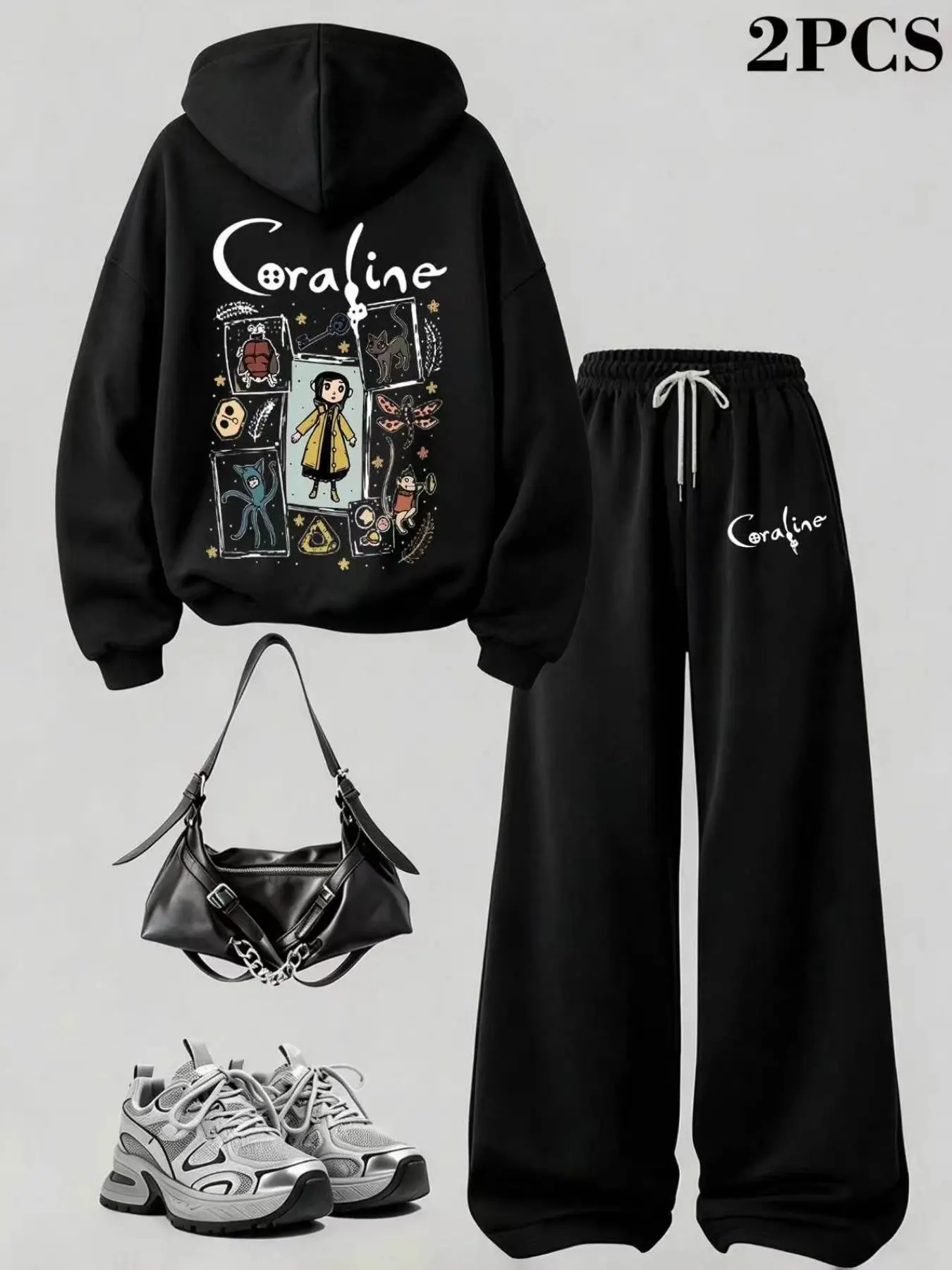 Black Coraline Cartoon Print Hoodie Set for Women, Loose-Fit Long Sleeve Sweatshirt and Wide Leg Pants, Casual Two-Piece