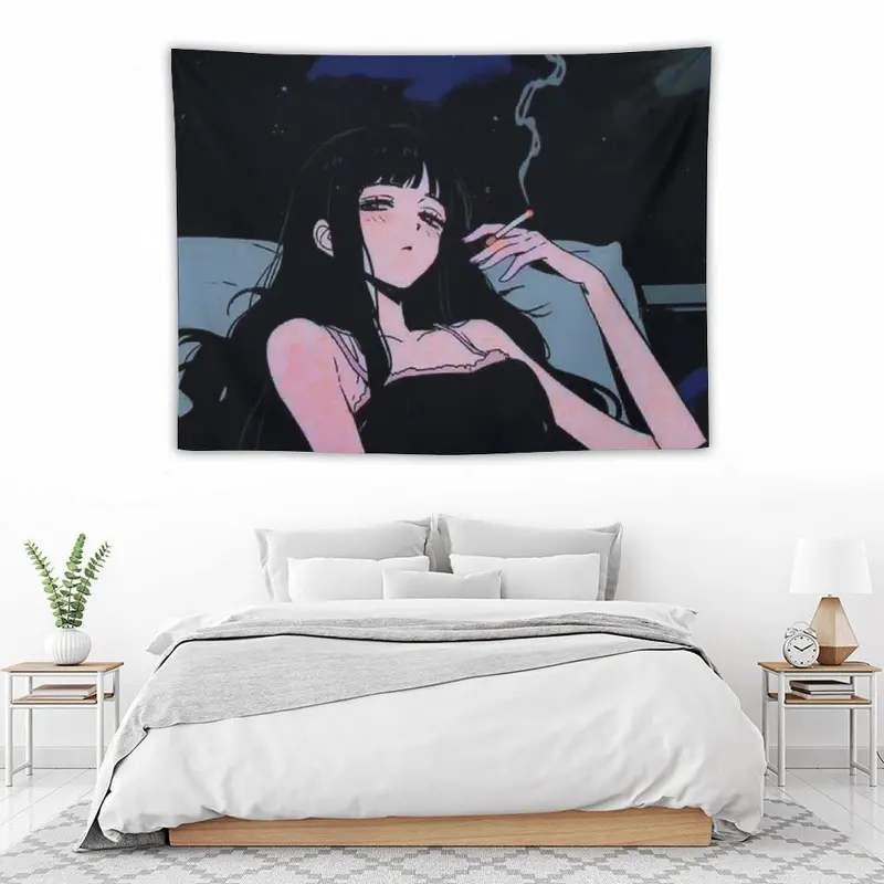 Smoking Sad Anime Girl Tapestry Grunge Aesthetic Tapestry Black Wall Hanging E-Girl Room Decor Sadcore Art