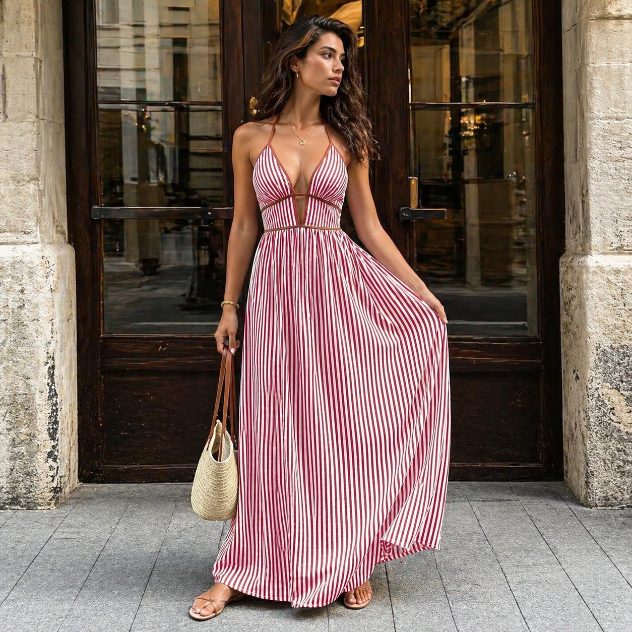New Women's Striped Deep V Halter Neck Dress Summer Vacation Sexy Beach Party Dress Trendy Summer Fashion