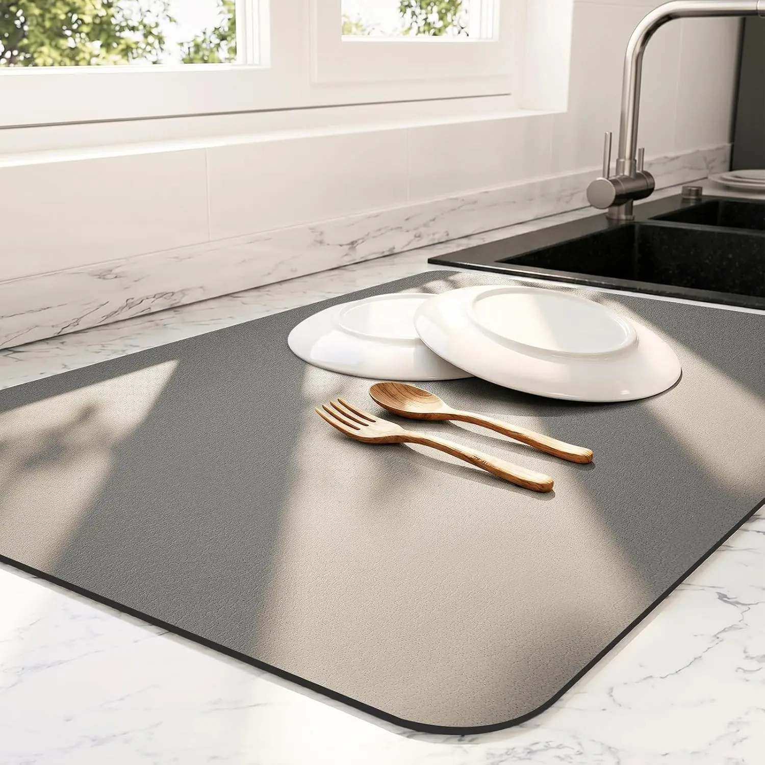 Dish Drying Mat for Kitchen Counter | Coffee Bar Mat for Countertops | Heat Resistant Drainer Mat with Non-slip Rubber Backed | Hide Stain Kitchen Absorbent Draining Mat | Dark Grey 16"x18"