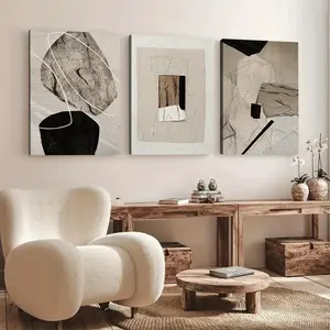 2D canvas, 3-piece wooden frame decorative painting, abstract neutral wall art for living room, beige and black canvas artwork, modern geometric pattern print suitable for corridor and office, available in various sizes (wrapped canvas), 2D flat, perfect