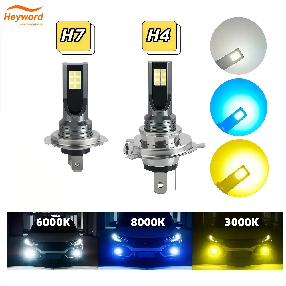 2pcs Fog Light Bulbs, Automotive, 3030 12SMD CSP Chips, 3000K Yellow, 6000K White. Canbus ready, no dash alert, plug-and-play fit. Fits H1, H3, H4, H7, H8, H9, H10, H11, 9005 HB3, 9006 HB4 for vehicles, battery-free fog lamp replacement