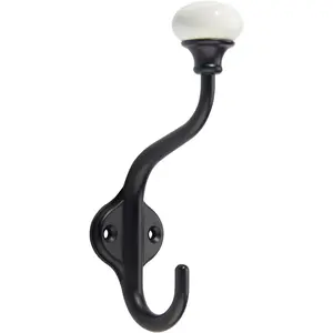 Coat Hooks- 5 Pack Matte Black Wall Hooks, Ceramic Coat Hooks, Decorative Wall Mounted Towel Hanger, zinc Double Prong Hook for  Clothes, , Hats, Backpacks