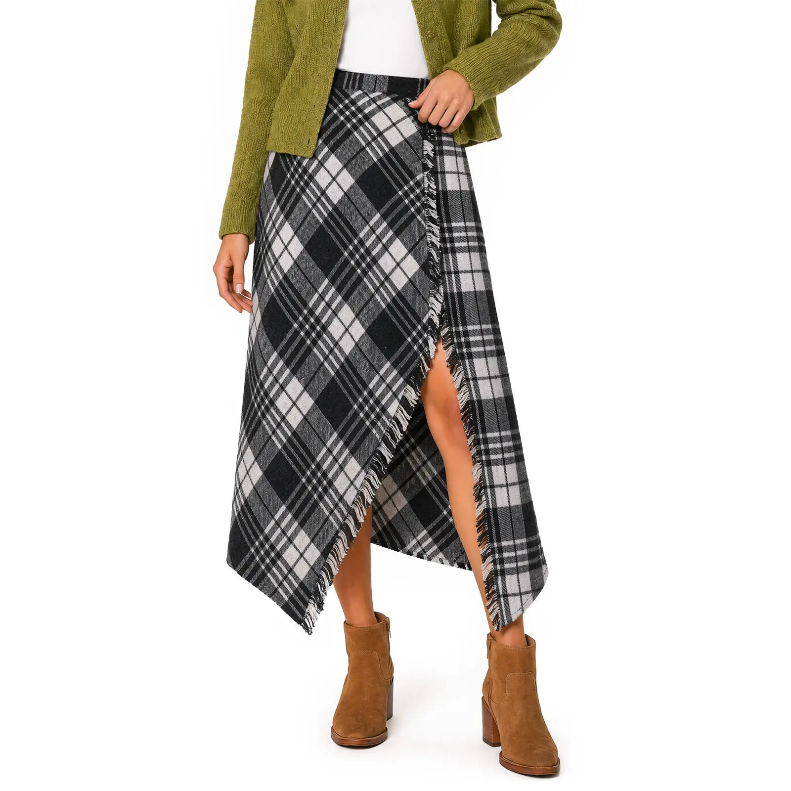 Yousify Plaid Skirts for Women High Waisted Wrap Asymmetrical Hem A Line Wool Tartan Fall Midi Skirts