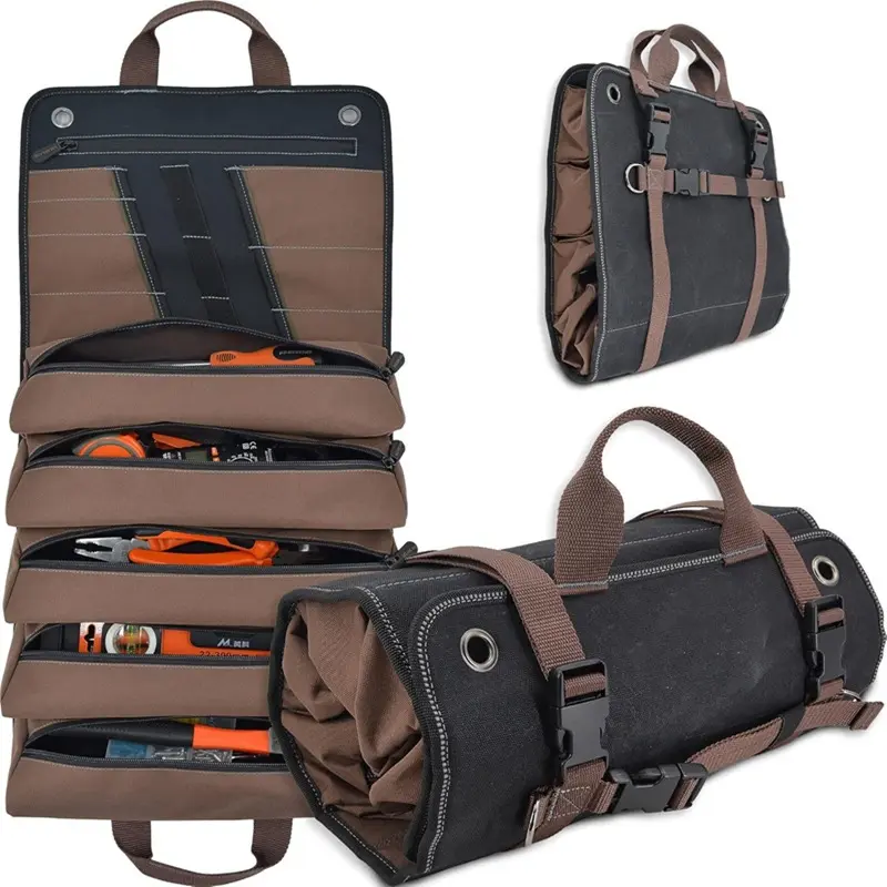 Roll Up Tool Bag Canvas Tool Roll Organizer, Multi Zipper Pockets Portable Tool Storage Pouch, Foldable Hardware Carry Bag for Electrician Mechanic Workshop