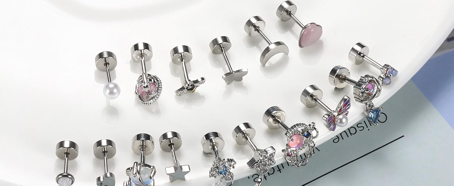 FIASASO 16Pcs Dangle Cartilage Earrings for Women Men Stainless Steel Tragus Stud Earrings 16G and 20G Butterfly Heart CZ Opal Flat Back Earrings Cartilage Tragus Conch Helix Daith Piercing Jewelry