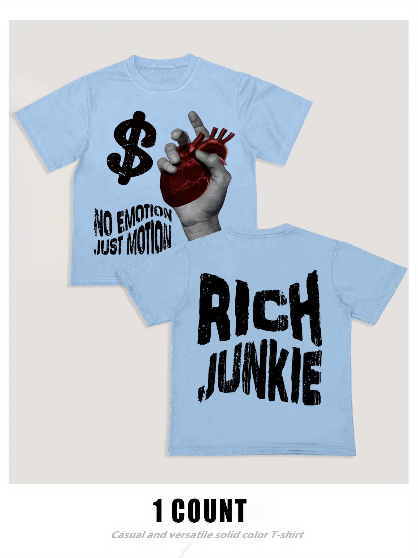 Men's Cartoon Hand & Rich Junkie Print Round Neck Tee, Loose Casual Fashion Short Sleeve T-shirt for Summer, Men's Top for Daily Wear, Tropical, Casual Streetwear