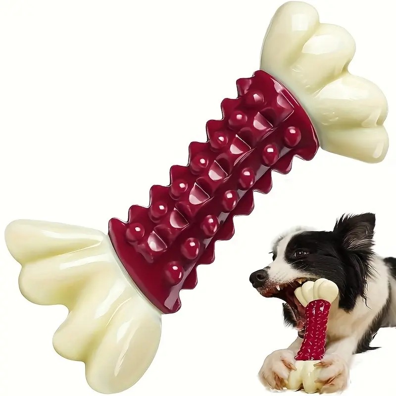 Durable Nylon Chew Bone Toy for Aggressive Chewers - Indestructible, Bone-Shaped with Textured Surface, Perfect for Medium to Large Dogs, Fan Bone Red, Chew Bone