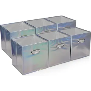 6-Pack Foldable Cube Storage Bins – Decorative Collapsible Organizer for Shelves, Closets, Underbed, Clothes, or Kids’ Toys (Shiny Silver)