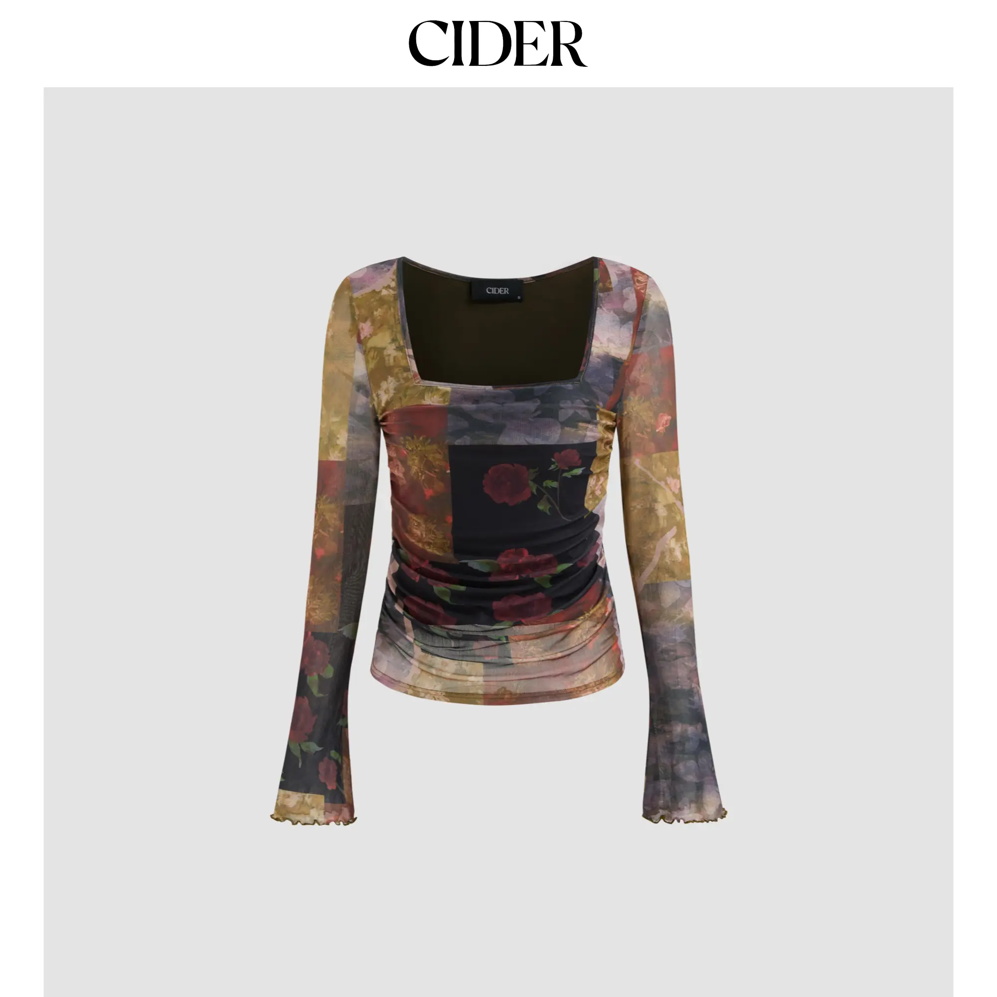 Cider [size 2-26] Mesh Square Neck Floral Patchy Lettuce Trim Ruched Long Sleeve Top SummerFinds