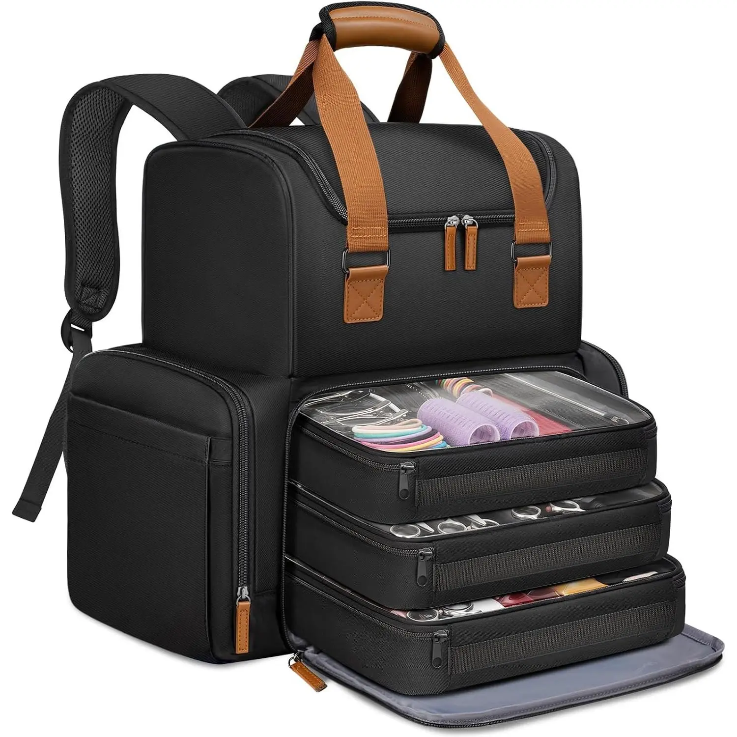 2-Layer Hairstylist Travel Bag with 3 Separate Pouches, Black |  Bag with 2 Side Pockets, Professional Barber Bag Backpack with Adjustable Dividers for  Supplies