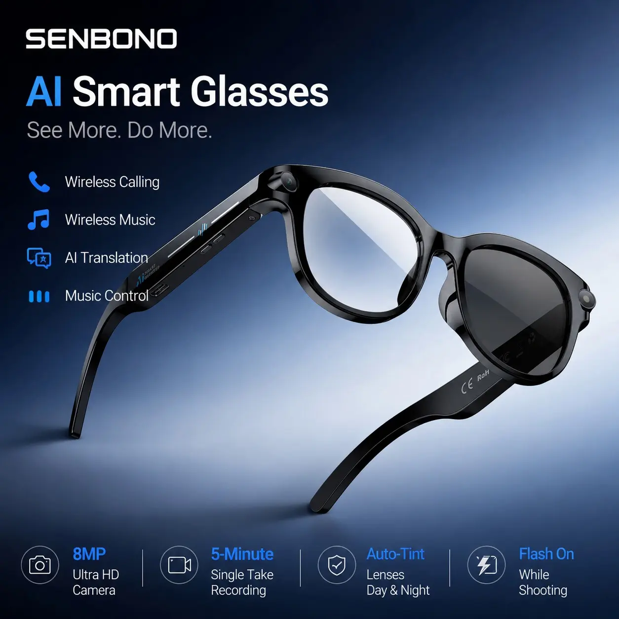 SENBONO Wireless Smart Glasses with AI Translation, Object Recognition and 8MP HD Camera, Photo Video Voice Recording, Bluetooth Calling, Music Control, WiFi 6, 39g Wearable Glasses