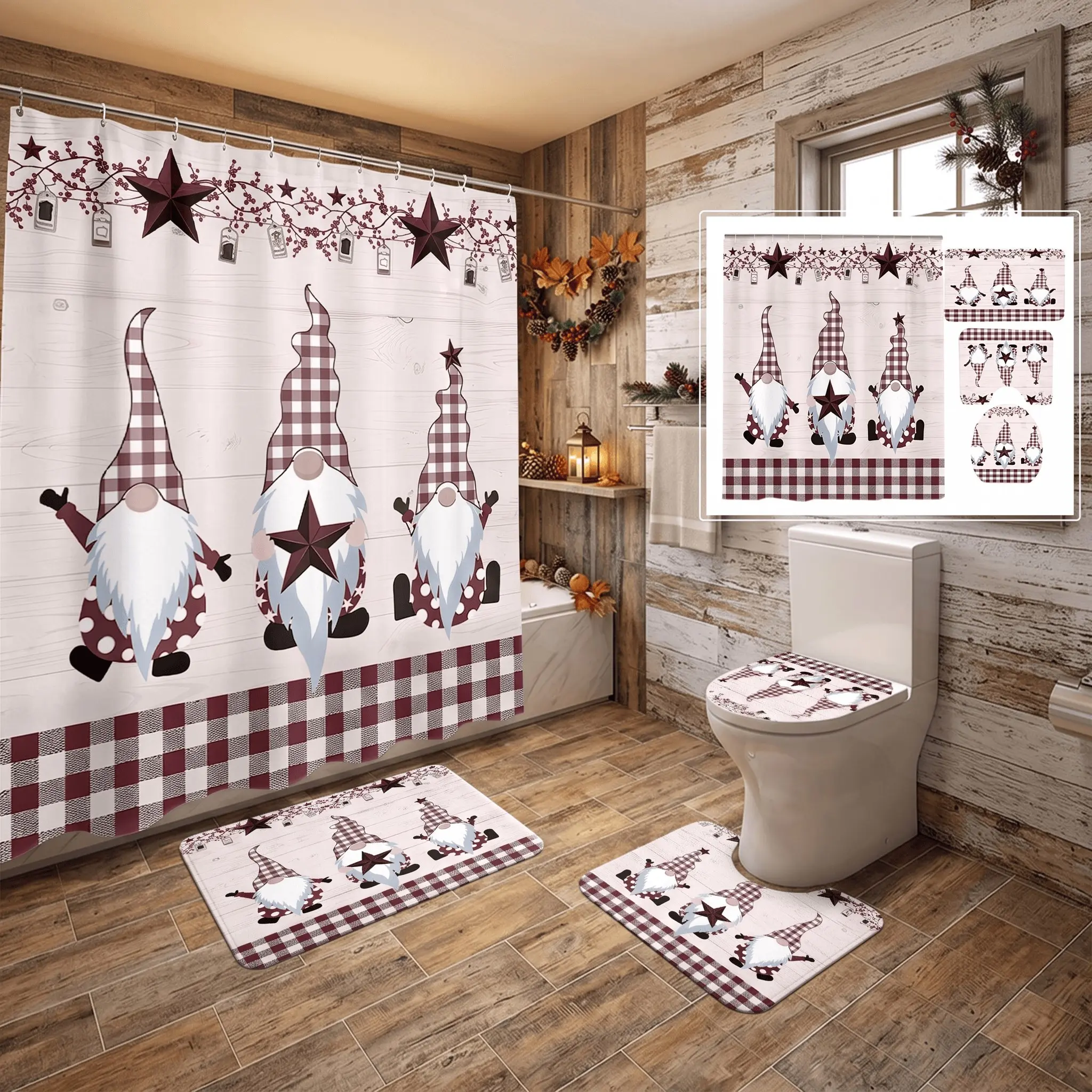 4pcs Rustic Christmas Gnomes Shower Curtain Set, The floor mat fabric is thicker and softer!Farmhouse Burgundy Buffalo Plaid, Bathroom Decor, Festive Home Decoration