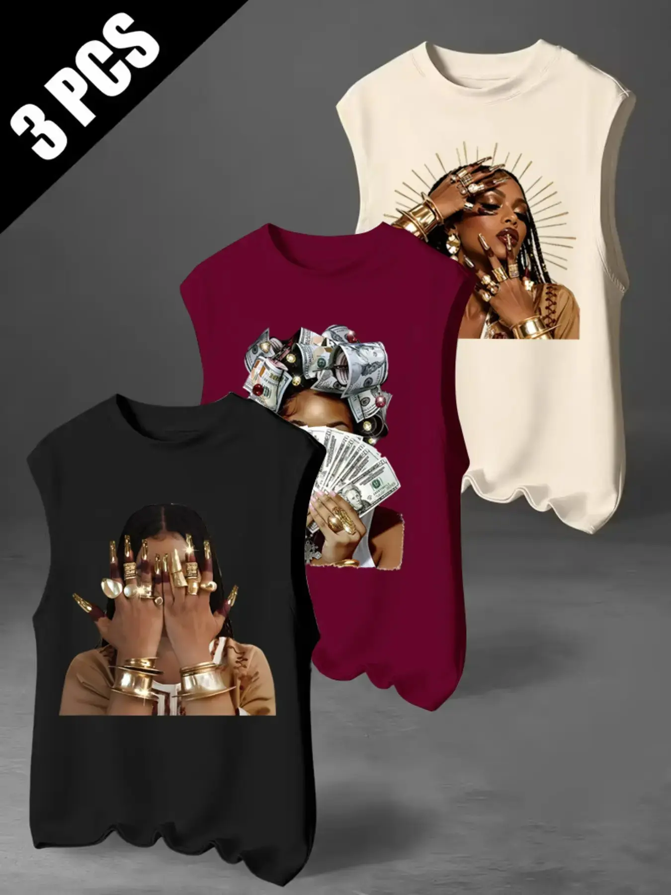 Men's Three-Piece Casual Sleeveless Tank Top Set, Graphic Print, Summer Vacation Party Wear, Comfortable Inner or Outer Shirt#UnisexFashion #UnisexTankTop #ThreePack #GraphicTop #SleevelessShirt#PortraitPrint #MoneyPrint #Streetwear #Y2KStyle