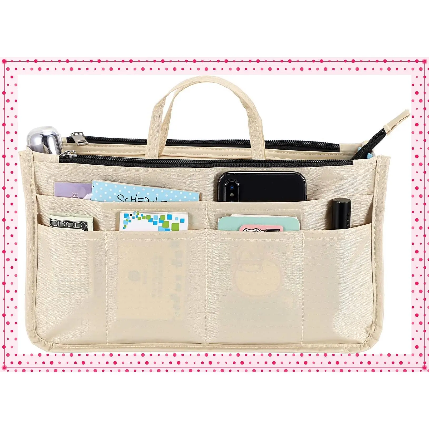 High Capacity 13 Pocket Handbag Organizer Purse Insert with Handle and Tote Bag Shaper Dividers, BeigeGift