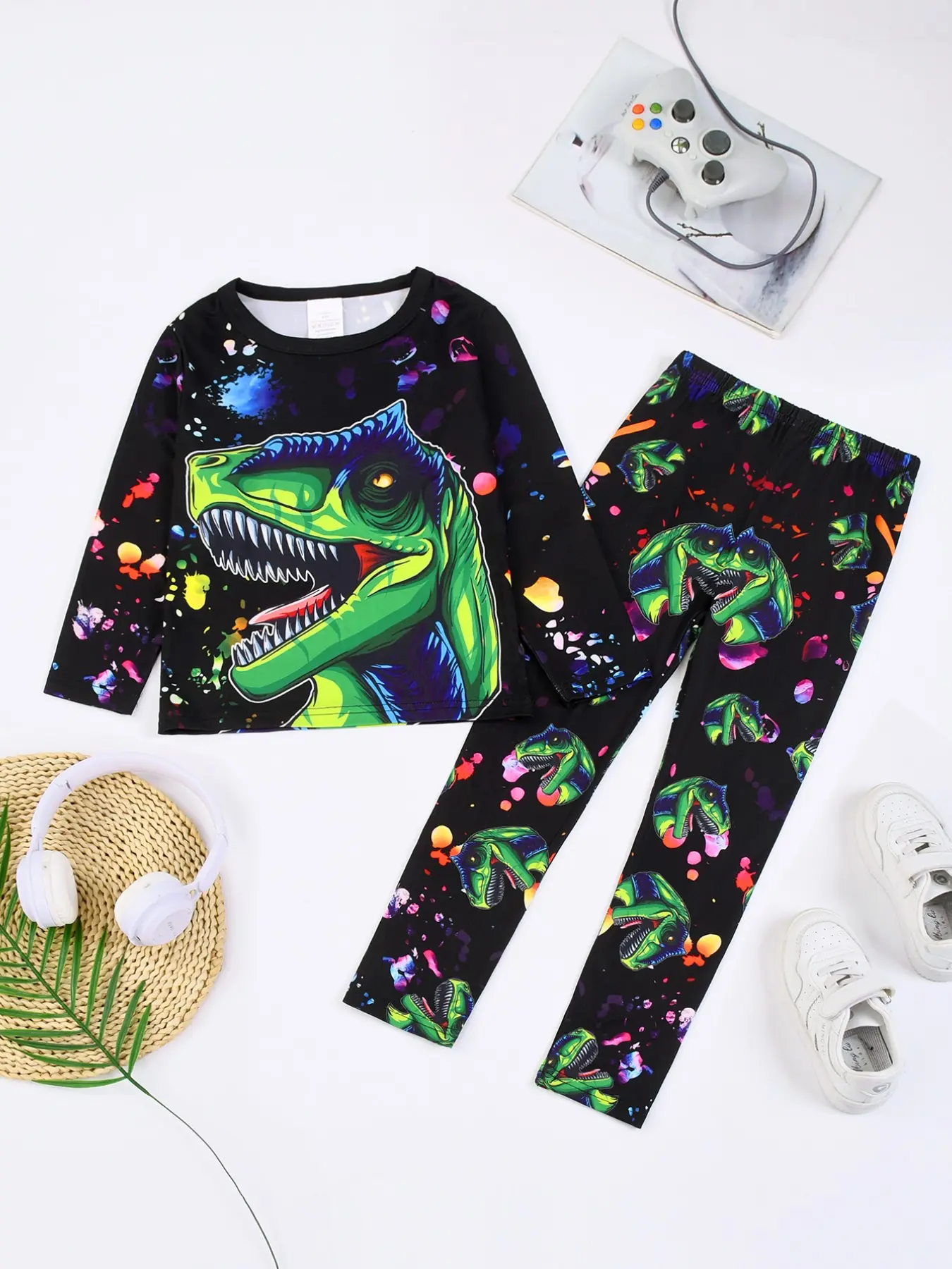 Kids Pajama Set, Round Neck Long Sleeve & Pants, Digital Print Starry Monster Dinosaur Pattern, Fashion Casual Comfortable Homewear Sleepwear, Cartoon Pattern Pajamas