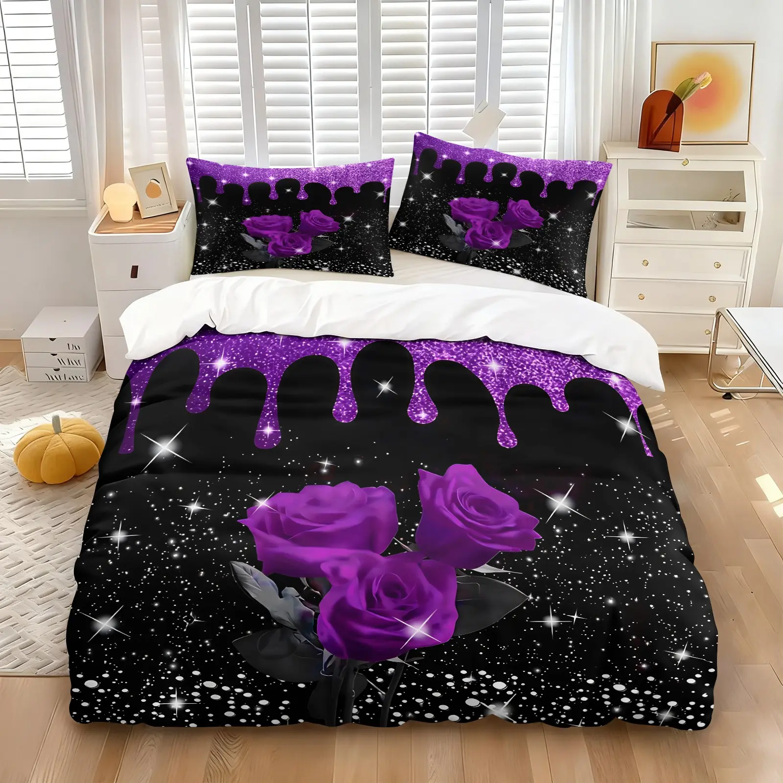 Black Base Glitter Purple Rose Fluid Luxury Duvet Cover Set-1 Duvet & 1-2 Coreless Pillowcases-Dreamy Purple 3D Roses & Glitter Fluid-Soft Easy Care Bedding-Dark Sweet Cool Style Bedroom Decor Gift