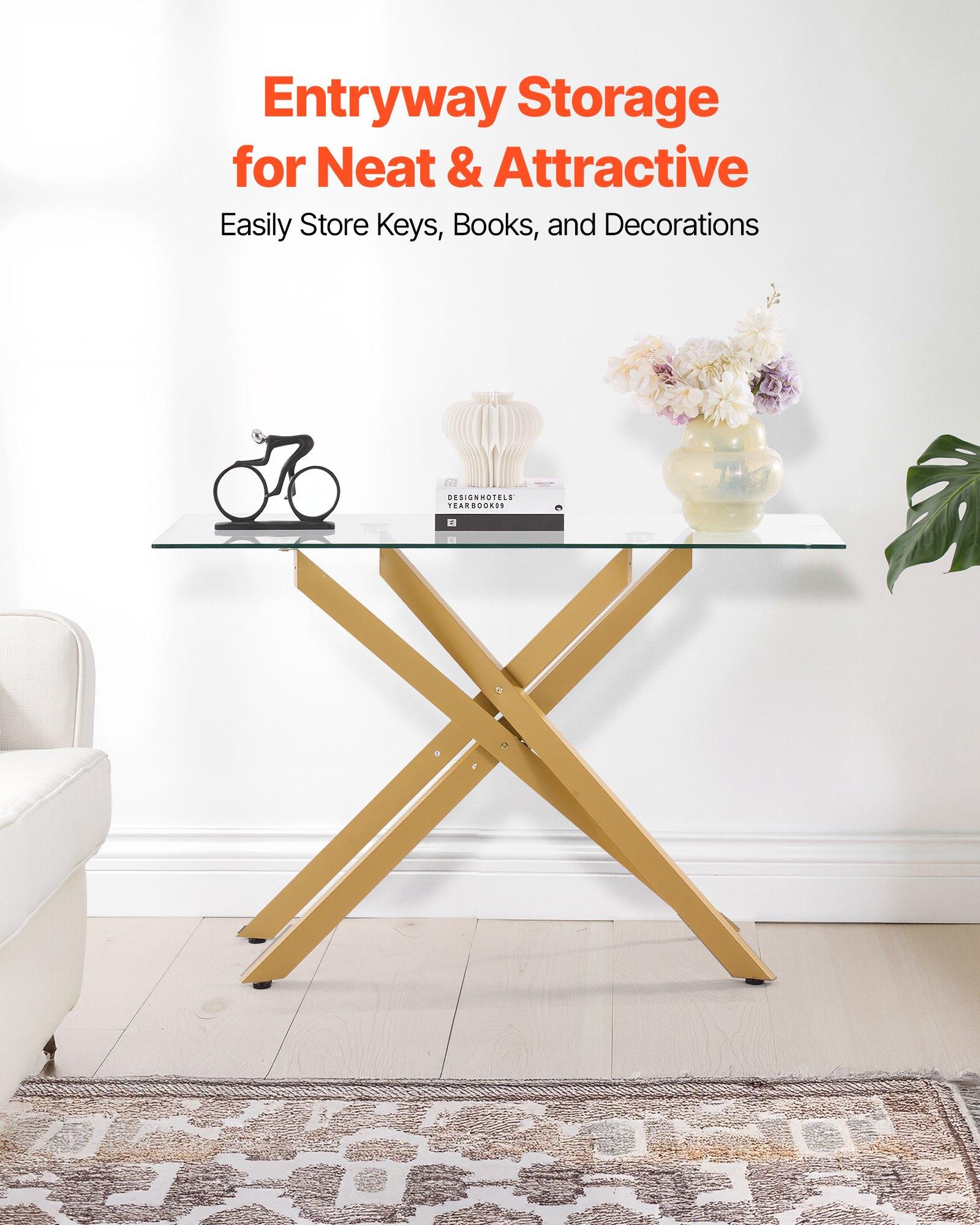 VEVOR Glass Coffee Table, Modern Rectangle Sofa Side Table with Tempered Glass Top & Iron Cross-Legs, Golden Geometric Consloe Desk with Adjustable Anti-slip Foot Pads for Living Room, Entryway, Foyer