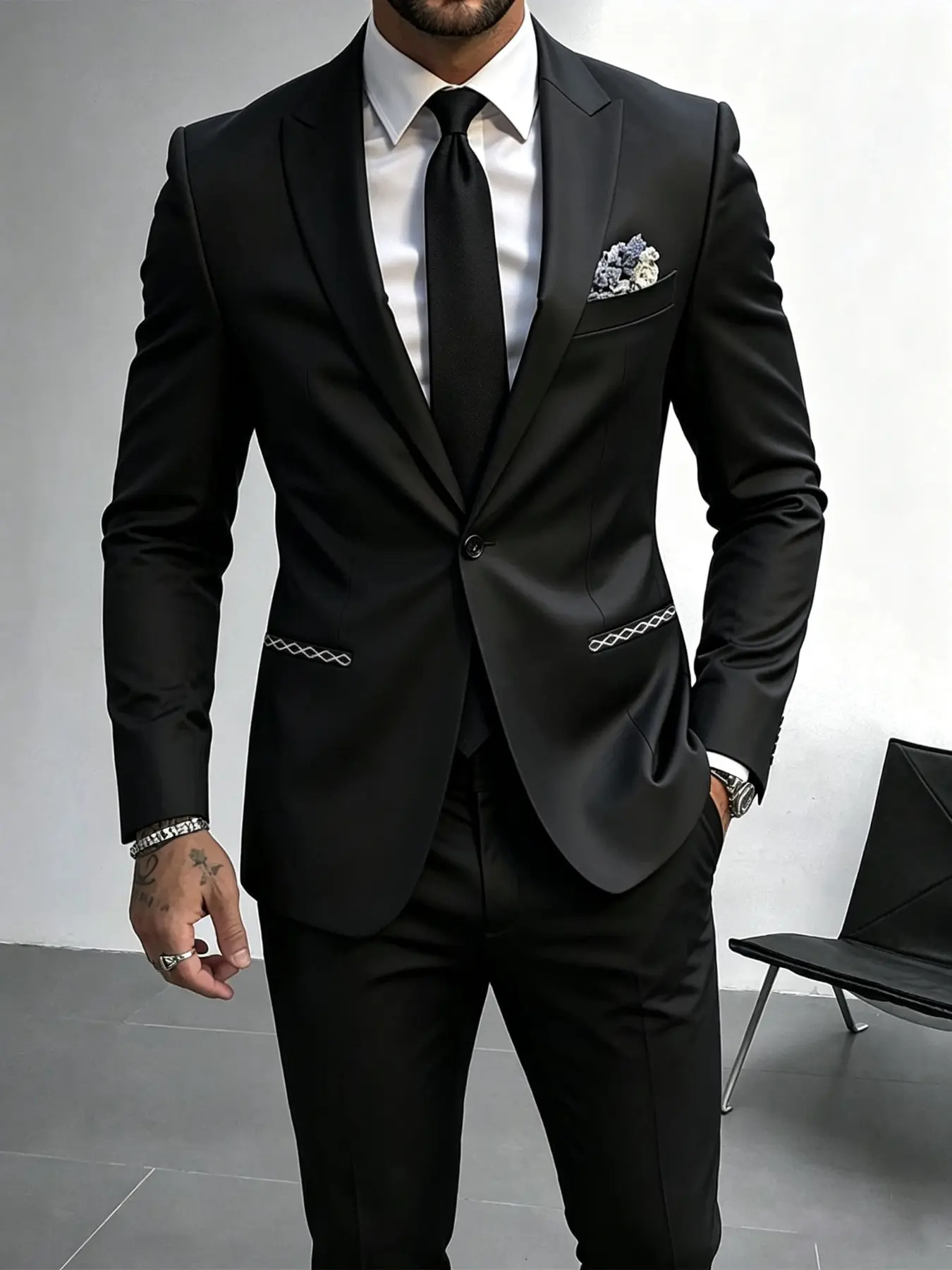 Men's suit set featuring a minimalist design and a subtle geometric print; a high-end, stylish suit with a tailored, structured fit—suitable for business, social gatherings, dates, and weddings.