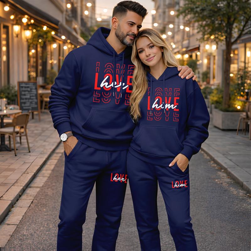 Couple's “LOVE her” and “LOVE him” Print Hoodie and Sweatpants Set, Casual Sportswear, Long-Sleeve Hooded Jacket and Pants, Suitable for Autumn, Winter, and Spring, Everyday Wear, Tracksuit