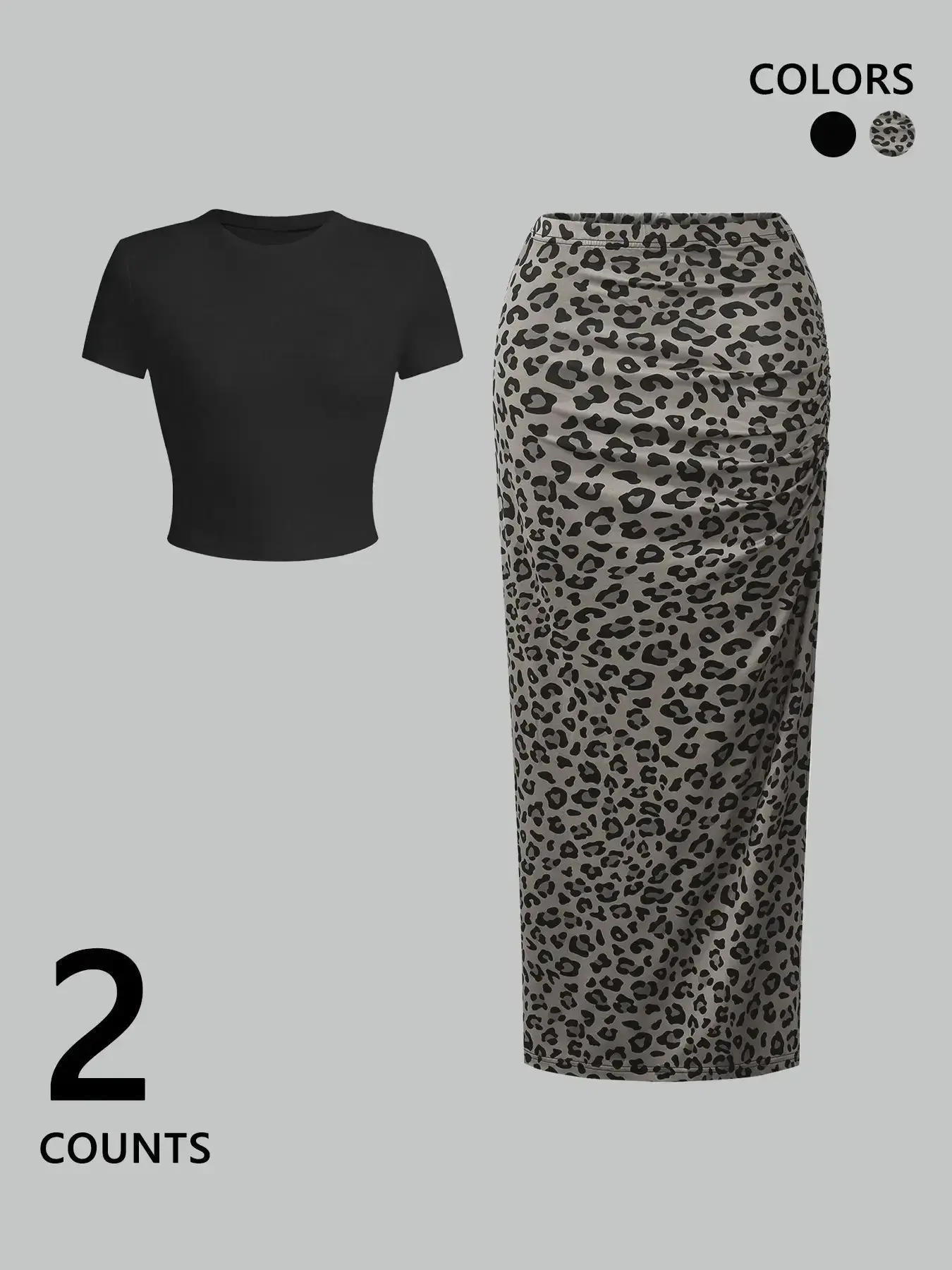 Women's Solid Color Tight Fit T-Shirt + High Waist Leopard Print Skirt Set Outfit, Slimming Casual, All over Print Pattern