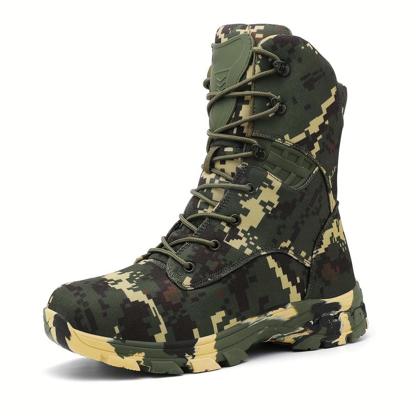 Men's high top camouflage hiking boots, outdoor climbing work boots with zipper closure, nylon fabric, rubber sole, non-slip EVA insole, striped pattern, all year outdoor shoe style