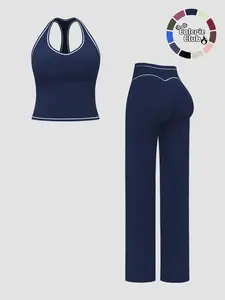 Women's Sporty Waist Cinching Butt Lifting Long Pants Tank Top Set, Casual Colorblock Style, Spring & Fall Fashion