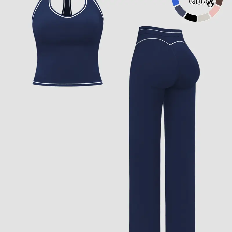 Women's Sporty Waist Cinching Butt Lifting Long Pants Tank Top Set, Casual Colorblock Style, Spring & Fall Fashion, Casual Activewear Set, Casual Sportswear Set, Athleisure Outfits, Athleisure Activewear Clothing