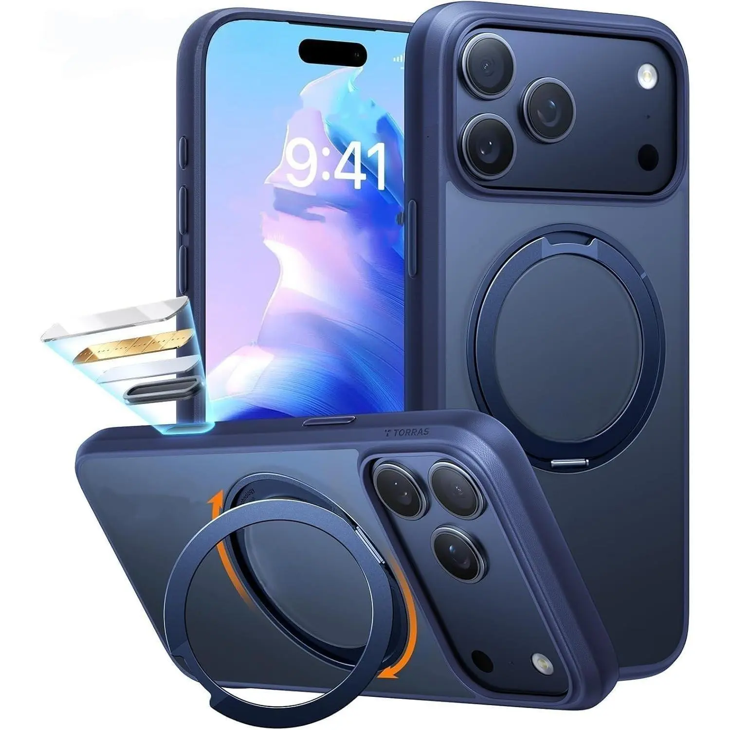 DarlingCase 360° Magnetic Ring Stand Cellphone Casing for iPhone 17/16/15/14/13/12/11 Series (Plus/Pro/Pro Max) - Heavy Duty Shockproof Protector with Camera Lens Guard, Translucent Slim Deep Blue Cover, Accessories, Iphone Series