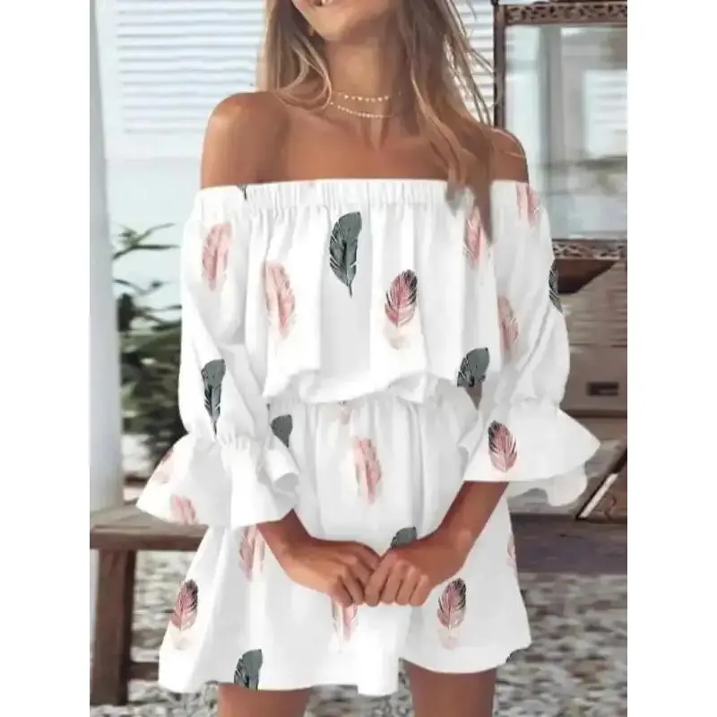 Women's Off-Shoulder Floral Feather Print Sports Dress - Woven Fabric, Long Ruffled Flounce Sleeves, Bohemian Ruffle Trim, Feather Print Flair, Casual Wear, Summer Beach Holiday Outfit