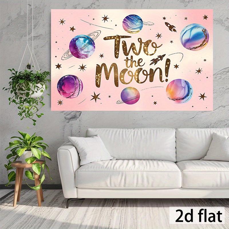 1pc Two the Moon! Birthday Party Banner - Vibrant Pink with Golden Glittery Text, Planets & Stars Design - Durable Polyester Backdrop for Classroom, Office, Photo Booths & Home Decor - Perfect for Second Bir