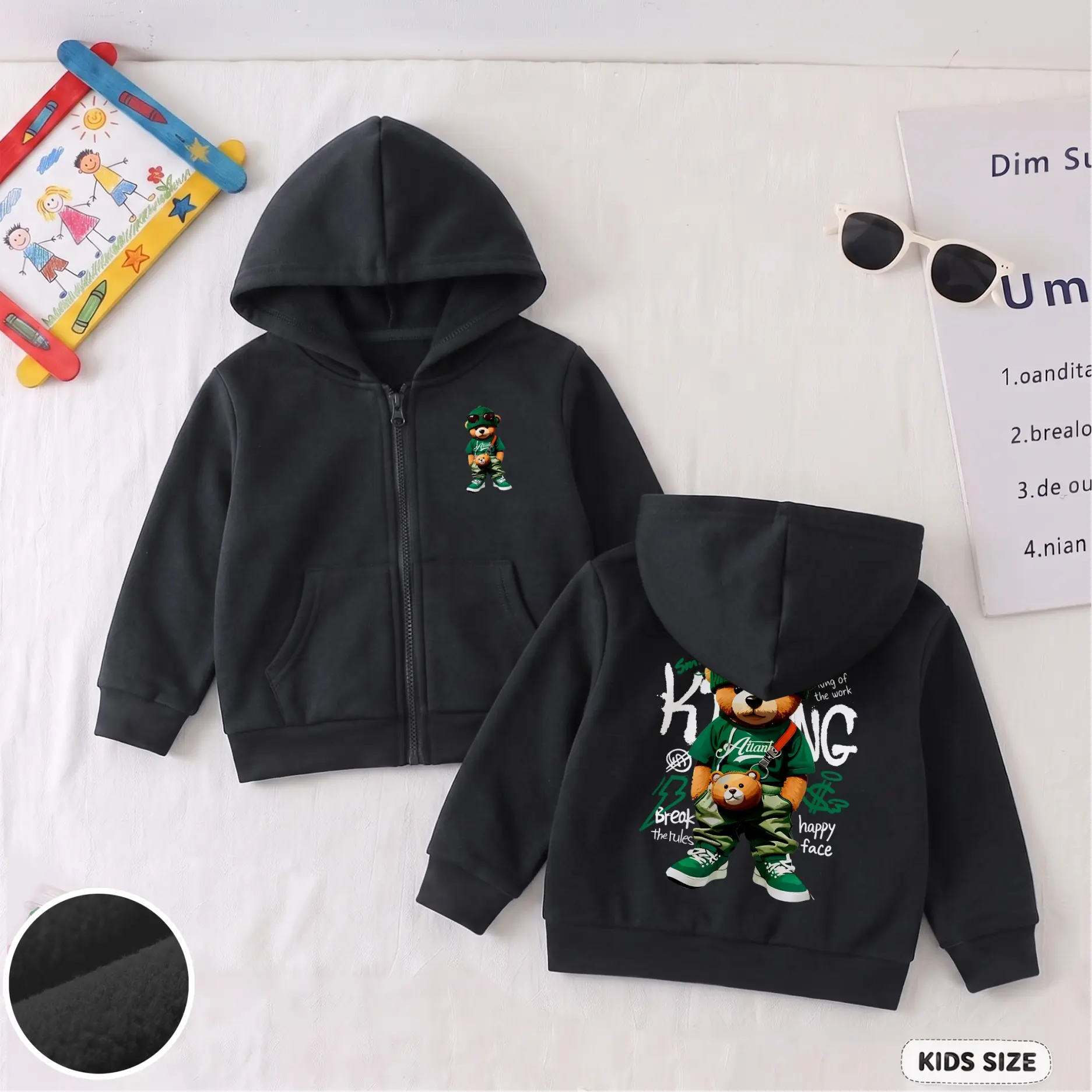 Boys’ Trendy Bear Graphic Zip-Up Hoodie, Front Mini Character and Large Back Print Hooded Jacket with Practical Pockets, Casual Kids’ Streetwear for School, Travel, Outdoor Play and Daily Wear