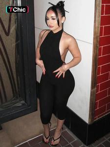 women's solid backless ribbed jumpsuit, fashion casual sleeveless halter neck jumpsuit for daily outdoor wear, ladies clothes for all seasons