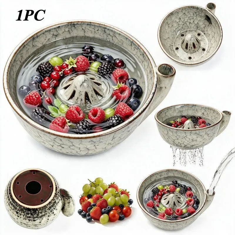 1Pc Vortex Berry Washer Bowl Ceramic Fruit Spinner Colander Rustic Farmhouse Stoneware Crackle Glaze Aesthetic Gravity Driven Water Flow Self Draining Strainer For Strawberries Grapes Home Kitchen Meal Prep Food Colander Kitchenware TikTok Shop