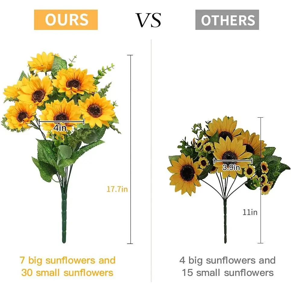 Set of 2 artificial sunflower bouquets with 14 large UV resistant blooms, bendable stems item 17.7 inches, no water needed