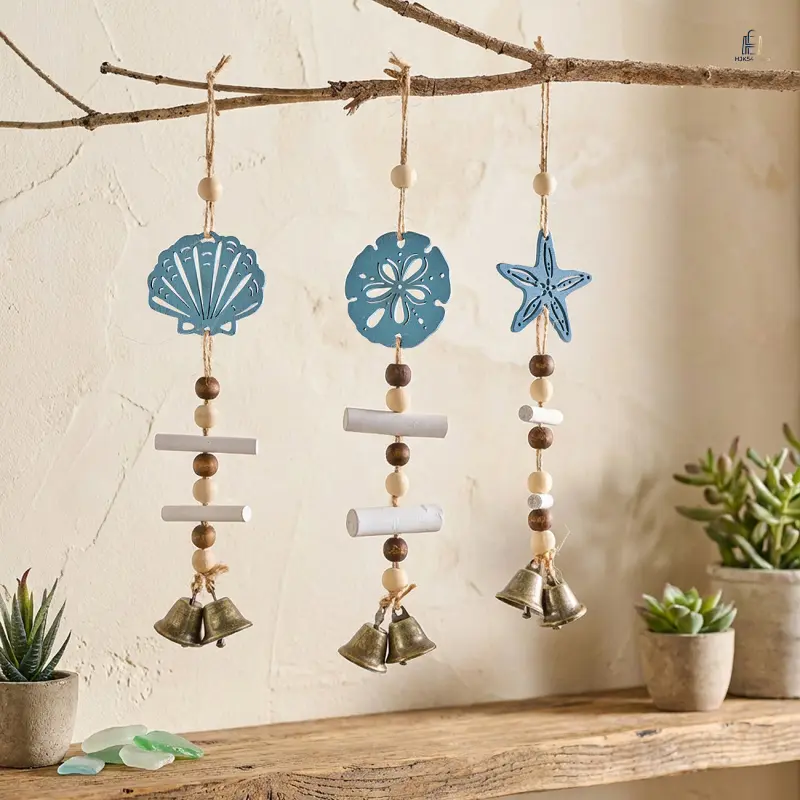 Wind Chime, Mediterranean Nautical Wooden Bead Decoration with Starfish & Shells, Lightweight Hangable Ceiling Ornament for Kids' Room & Nursery, Ceiling Decor, Coastal, White Shell Bell String, Indoor