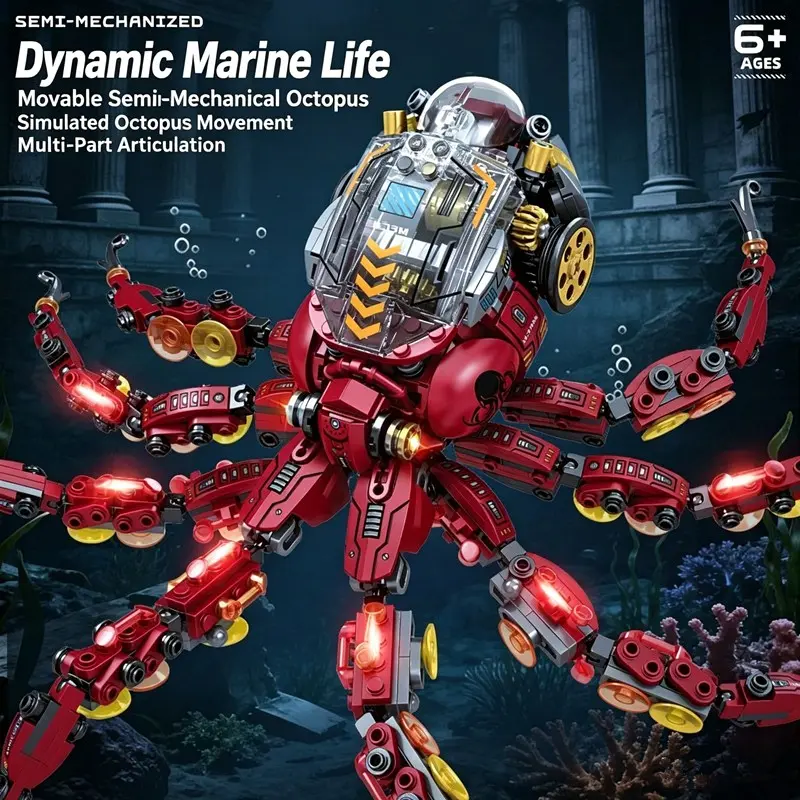 Deep‑Sea Creature Series Semi‑Mechanical Octopus Building Blocks Set ，Multi‑joint linked movable tentacles, cyberpunk mecha‑style display decor. Top‑tier collectible, exquisite gift box, ideal birthday gift for teens & adults.
