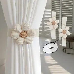 2PCS Decorative Flower Curtain Tiebacks, Adjustable Twisted Rope Curtain Holders for Drapes, Boho Farmhouse Window Curtain Holdbacks, No Drill Curtain Accessories for Living Room Bedroom Nursery Hotel Decor