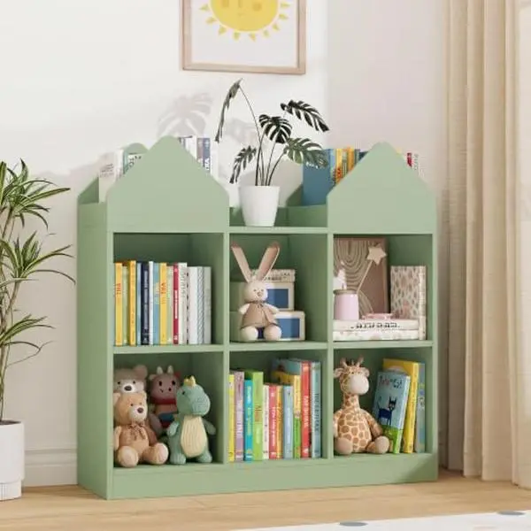 Toy Storage Organizer with 4 Book Racks and 6 Open Cubbies, Castle Design Kids Bookshelf and Toy Storage, Toddler Bookshelf Toy Chest Toy Box for Playroom, Nursery, Daycare